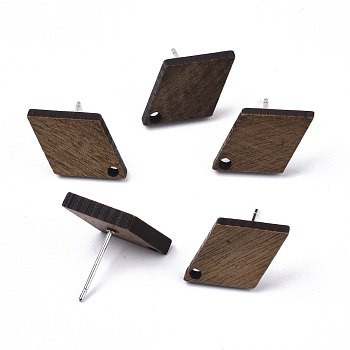 Walnut Wood Stud Earring Findings, with 304 Stainless Steel Pin, Rhombus, Coconut Brown, 18x12mm, Hole: 1.6mm, Pin: 0.7mm