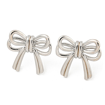 Rack Plating Brass Bowknot Stud Earrings, Long-Lasting Plated, Lead Free & Cadmium Free, Platinum, 21x22mm