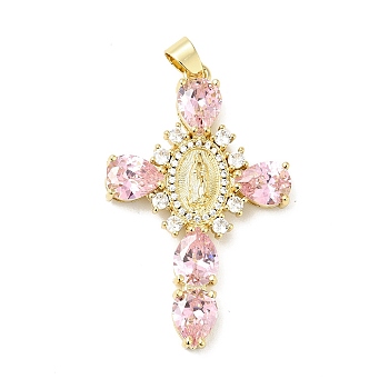 Rack Plating Brass Micro Pave Cubic Zirconia Pendants, Cadmium Free & Lead Free, Real 18K Gold Plated, Cross with Saint, Pearl Pink, 45.5x29x6mm, Hole: 4x6mm
