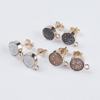 Brass Stud Earring Findings, with Loop and Natural Druzy Agate, Flat Round, Light Gold, 11.5x8.5x4~5mm, Hole: 1.5mm, Pin: 0.8mm