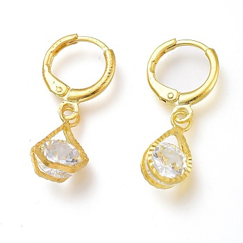 Brass Asymmetrical Earrings, Huggie Hoop Earrings, with Clear Cubic Zirconia, Teardrop & Pentagon, Golden, 27mm, Pin: 0.8mm