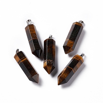 Natural Tiger Eye Double Terminated Pointed Pendants, with Platinum Tone Brass Findings, Bullet, 39x10x10mm, Hole: 3x6mm