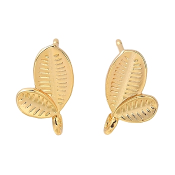 Brass Stud Earrings Finding for Women, Leaf, with Loop, Real 18K Gold Plated, 12x7.5mm, Hole: 1.2mm, Pin: 0.7x12mm