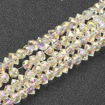 Electroplate Glass Beads Strands, Full Rainbow Plated, Faceted Bicone, Light Yellow, 4x6x4.5mm, Hole: 1.2mm, about 110pcs/strand, 25.98''(66cm)