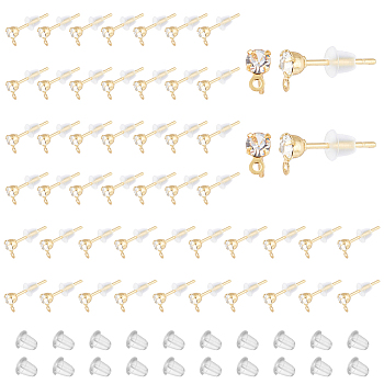 100Pcs Brass Cubic Zirconia Stud Earring Findings, with Horizontal Loops and 200Pcs Plastic Ear Nuts, Golden, 5.5x3mm, Hole: 0.8mm, Pin: 0.7mm