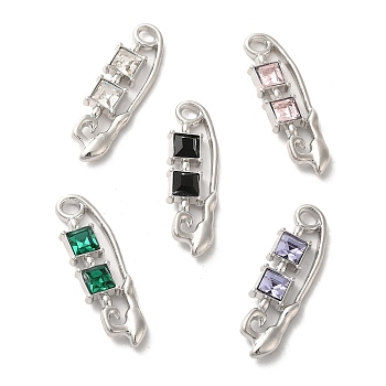 Alloy Pendant, with Glass, Platinum, Lead Free & Cadmium Free, Safety Pin Charm, Mixed Color, 35x10.5x4mm, Hole: 3mm