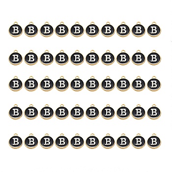 Golden Plated Alloy Charms, with Enamel, Enamelled Sequins, Flat Round, Black, Letter.B, 14x12x2mm, Hole: 1.5mm, 50pcs/Box