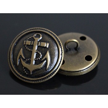 1-Hole Brass Shank Buttons, Nautical Buttons, Flat Round with Anchor Buttons, Antique Bronze, 25mm, Hole: 2mm