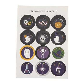 Halloween Theme Plastic Stickers, for DIY Scrapbooking, Journal Decoration, Ghost With Word Halloween, Mixed Color, 187~190x130~132x0.3mm