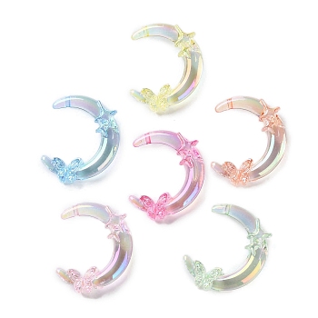 Transparent UV Plating Acrylic Beads, Iridescent, Moon with Butterfly & Satr, Two Tone, Mixed Color, 41.5x37.5x10.5mm, Hole: 2mm