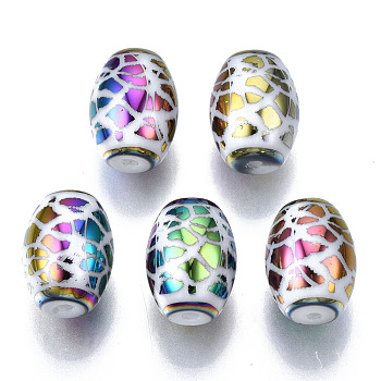 Electroplate Glass Beads, Barrel with Leopard Print Pattern, Colorful, 11x8mm, Hole: 1.2mm, about 200pcs/bag
