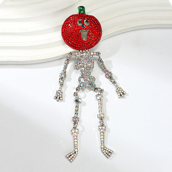 Halloween Skull with Pumpkin Enamel Pins, Alloy Rhinestone  Lapel Pin Backs for Clothes, Platinum, 128x32mm