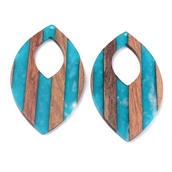 Resin & Walnut Wood Pendants, Two Tone, Leaf, Green, 66.5x39x3mm, Hole: 2mm