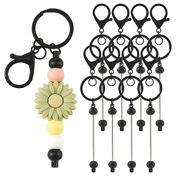 15Pcs Plastic Beadable Keychains, with Alloy Rings, Round, Black, 152mm