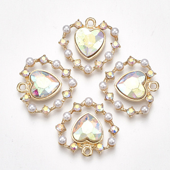 Alloy Pendants, with Plastic Imitation Pearl, Glass and Rhinestone, Heart, Light Gold, Clear AB, 26x26.5x6mm, Hole: 2mm