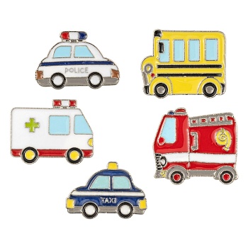 5Pcs 5 Style Alloy Enamel Brooches, Enamel Pins, with Brass Butterfly Clutches, Cadmium Free & Nickel Free & Lead Free, Platinum, Police Car & Fire Car & Ambulance & School Bus & Taxi, Mixed Color, 17~23x24~25mm, Pin: 1mm, 1pc/style