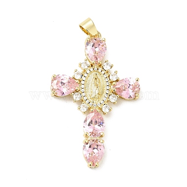 Real 18K Gold Plated Pearl Pink Cross Brass+Cubic Zirconia Pendants