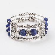 Three Loops Tibetan Style Alloy Wrap Bracelets, with Natural Lapis Lazuli Beads, 2 inch(50mm)(BJEW-JB03324-02)