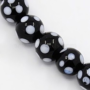Handmade Lampwork Round Beads Strands, polka-dotted, Black, 10mm, Hole: 1mm, about 30pcs/strand, 11.02 inch(LAMP-L007-10mm-01)