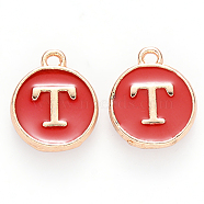 Golden Plated Alloy Enamel Charms, Cadmium Free & Lead Free, Enamelled Sequins, Flat Round, Red, Letter.T, 14x12x2mm, Hole: 1.5mm(ENAM-S118-03T)