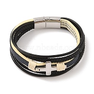 Braided Microfiber Leather Multi-strand Bracelets, 304 Stainless Steel Cross Bracelets for Men, Platinum, 8-1/2x1 inch(21.7x2.6cm)(BJEW-B096-26P)