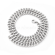 Men's 201 Stainless Steel Cuban Chain Necklace, with Lobster Claw Clasp and Jump Rings, Stainless Steel Color, Link: 9x7x2mm, 19.68 inch(50cm)(NJEW-R257-001E-P)
