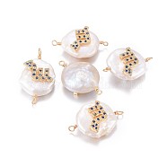 Natural Pearl Links connectors, with Brass Micro Pave Cubic Zirconia Findings, Flat Round with Constellation, Golden, Marine Blue, Scorpio, 20~26x9~17x5~11mm, Hole: 1.6mm(PEAR-F012-12G-B)