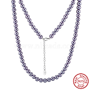 6mm Round Shell Pearl Beaded Necklaces, with Rhodium Plated 925 Sterling Silver End Chains, Real Platinum Plated, Purple, 16.14 inch(41cm)(NJEW-L125-009P-02)