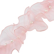 Polyester Pleated Lace Trim, with Plastic Pearl Beads, Pink, 5-1/8 inch(130mm)(OCOR-XCP0002-29)