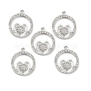 Alloy Rhinestone Pendants, Platinum Tone Hollow Out Flat Round with Heart Charms, Crystal, 22.5x18.5x2.5mm, Hole: 2.3mm(ALRI-C007-52P)