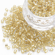 8/0 Glass Bugle Beads, Silver Lined, Pale Goldenrod, 2.5~3x2.5mm, Hole: 1mm, about 15000pcs/pound(SEED-S032-07A-22)