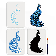 US 1 Set PET Hollow Out Drawing Painting Stencils, for DIY Scrapbook, Photo Album, Wave, Peacock, with 1Pc Art Paint Brushes, Peacock, 297x210mm, 3pcs/set(DIY-MA0005-42)