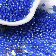 8/0 Glass Seed Beads, Frosted, Silver Lined, Round, Medium Blue, 3x2mm, Hole: 1mm(SEED-Z001-C-E06)