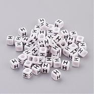 6MM White Letter Acrylic Cube Beads, Horizontal Hole, Letter H, Size: about 6mm wide, 6mm long, 6mm high, hole: 3.2mm, about 300pcs/50g(X-PL37C9308-H)