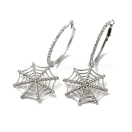 Halloween Alloy Tassels Hoop Earrings, with Rhinstone, Jewely for Women, Spider Web, Platinum, 86.5x41.5mm(EJEW-K274-02P)