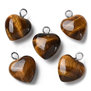Natural Tiger Eye Pendants, Heart Charms with Platinum Plated Brass Loops, 14.8~15x12x4.1~4.6mm, Hole: 2mm(X-G-E603-01P-06)