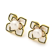 Brass Flower Stud Earrings with Natural Pearl, with 925 Sterling Silver Pins, Real 18K Gold Plated, 14x14mm(EJEW-Z020-04G)