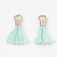 Polycotton(Polyester Cotton) Tassel Pendant Decorations, Mini Tassel, with Brass Findings, Light Gold, Aquamarine, 10~15x3~4mm, Hole: 2mm(FIND-S275-16G)