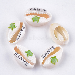 Printed Cowrie Shell Beads, No Hole/Undrilled, Sea Turtle & ZANTE Pattern, Yellow Green, 18~21x11~14x6~8mm(SHEL-S276-12E)