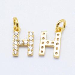 Brass Micro Pave Grade AAA Cubic Zirconia Charms, Letter H, Cadmium Free & Nickel Free & Lead Free, Real 18K Gold Plated, 9x6x1.5mm, Hole: 2mm(ZIRC-P067-11G-H-NR)