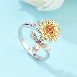 Sunflower and Dragonfly Rotatable Open Ring for Women, Brass Cubic Zirconia Fidget Spinner Rings, Adjustable Relieve Stress Cuff Ring, Platinum & Golden, US Size 7 3/4(17.9mm)(RJEW-M139-16P)