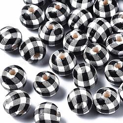 Printed Natural Wooden Beads, Round with Check Pattern, Black & White, 12x11mm, Hole: 3mm(WOOD-R270-10A)
