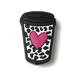 Heart Cow Printed Coffee Cup Mug Silicone Focal Beads, Silicone Teething Beads, White, 30x20x9mm, Hole: 3mm(SIL-M006-06B)