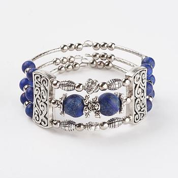 Three Loops Tibetan Style Alloy Wrap Bracelets, with Natural Lapis Lazuli(Dyed & Heated) Beads, 2 inch(50mm)