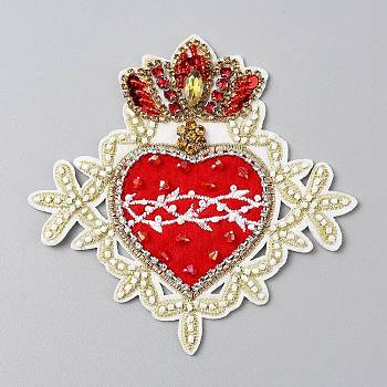 Computerized Embroidery Cloth Iron on/Sew on Patches, with Resin Rhinestone, Costume Accessories, Appliques, Heart, Red, 120x120x6.5mm