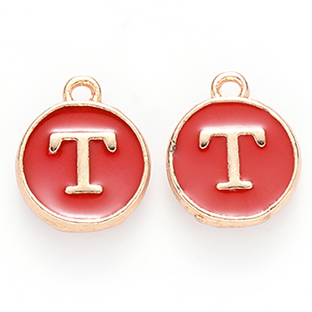 Golden Plated Alloy Enamel Charms, Cadmium Free & Lead Free, Enamelled Sequins, Flat Round, Red, Letter.T, 14x12x2mm, Hole: 1.5mm
