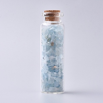 Glass Wishing Bottle, For Pendant Decoration, with Aquamarine Chip Beads Inside and Cork Stopper, 22x71mm