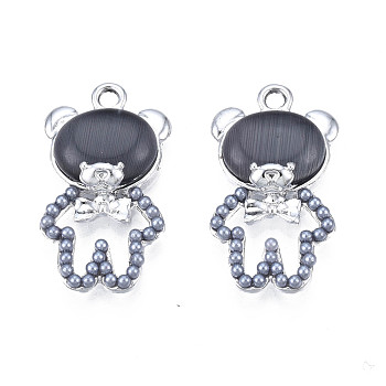 UV Plating Alloy Pendants, with Cat Eye and ABS Plastic Imitation Pearl, Platinum, Cadmium Free & Lead Free, Bear, Gray, 23x12.5x4.5mm, Hole: 1.8mm