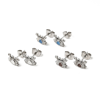 Enamel Crab Stud Earrings with 316 Surgical Stainless Steel Pins, Stainless Steel Color Plated 304 Stainless Steel Jewelry for Women, Mixed Color, 7x9mm, Pin: 0.8mm