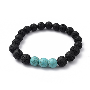 Synthetic Turquoise(Dyed)(Dyed) & Natural Lava Rock Beaded Stretch Bracelets, Round, Inner Diameter: 2 inch(5.2cm), Beads: 8.5mm and 10.5mm